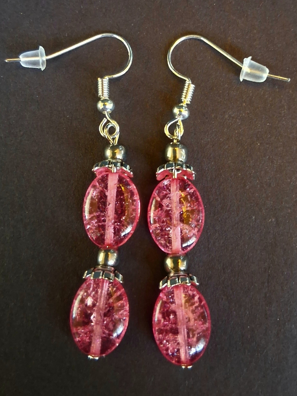 Pink Glass Bead Dangle Pierced Earrings W/ Silver Tones  - Handmade